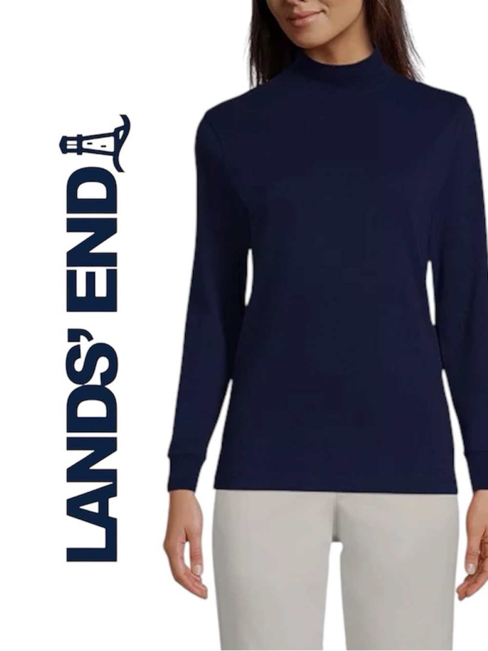 NWT Lands' End Navy Mock Turtleneck Lightweight Cotton Timeless Classic Preppy
